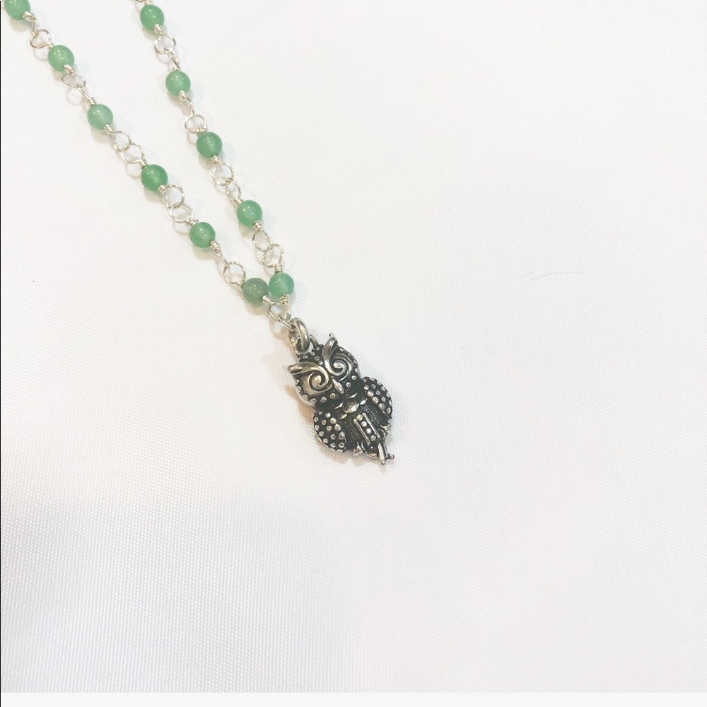 NEW GREEN AVENTURINE & SILVER OWL NECKLACE